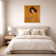 Gallery-wrapped canvas print of Dante Gabriel Rossetti's La Donna Della Finestra (The Lady of Pity) displayed on a wall in a bedroom