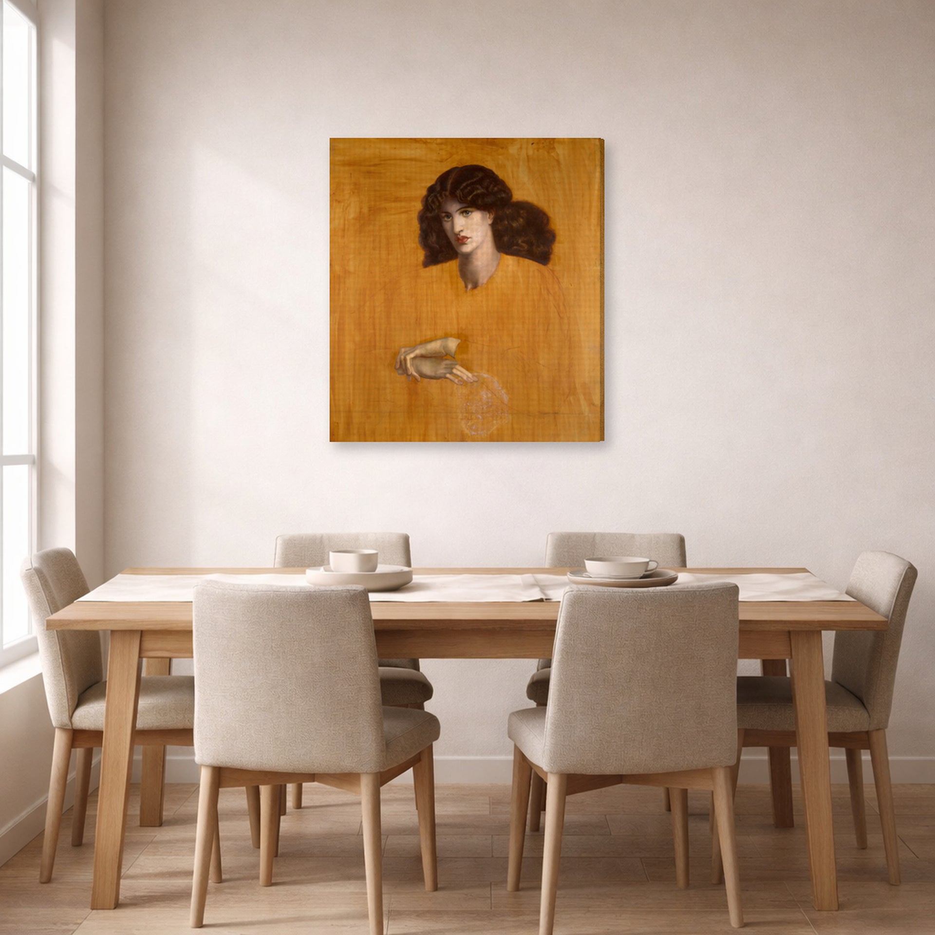 Gallery-wrapped canvas print of Dante Gabriel Rossetti's La Donna Della Finestra (The Lady of Pity) displayed on a wall in a dining room