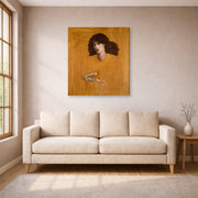 Gallery-wrapped canvas print of Dante Gabriel Rossetti's La Donna Della Finestra (The Lady of Pity) displayed on a wall in a living room