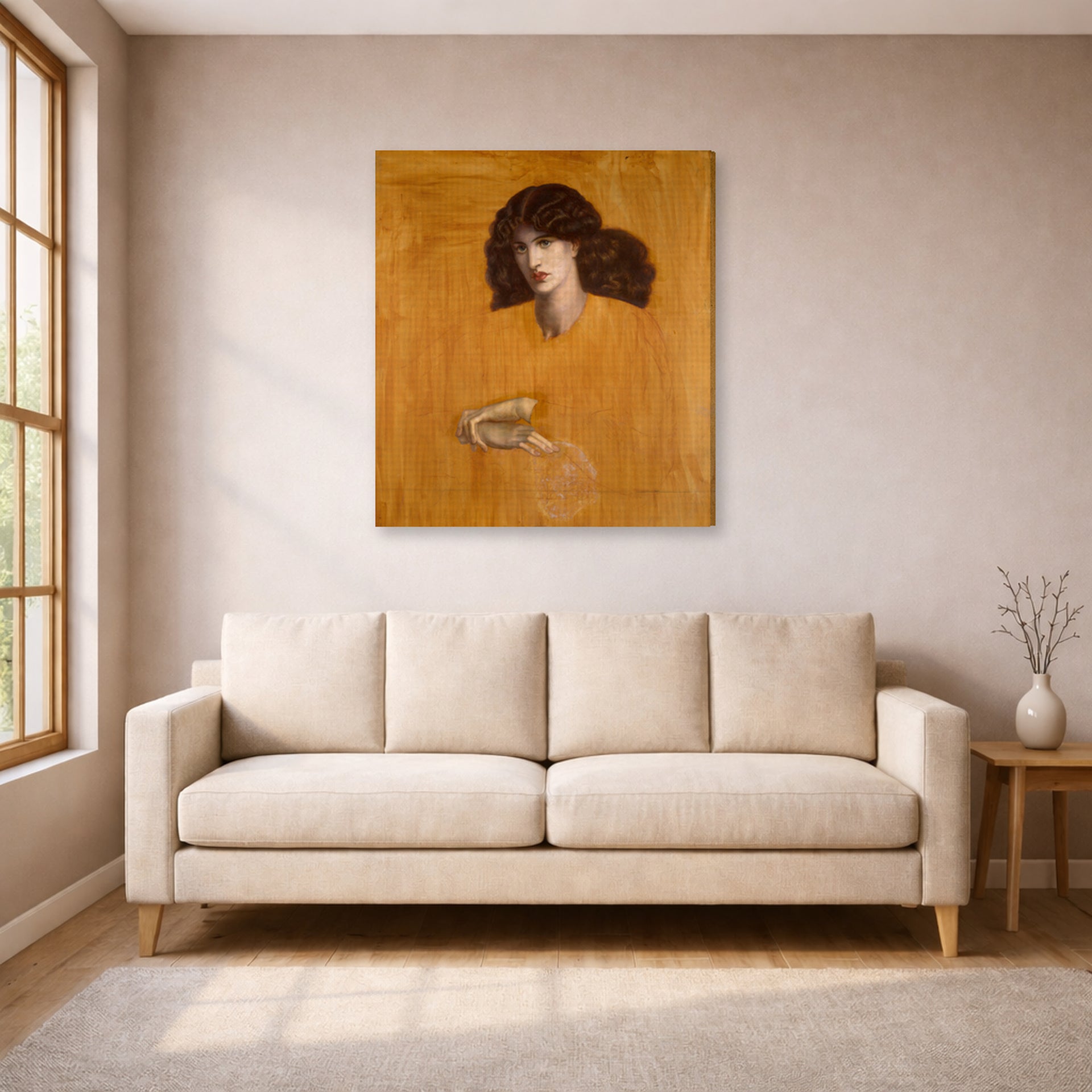 Gallery-wrapped canvas print of Dante Gabriel Rossetti's La Donna Della Finestra (The Lady of Pity) displayed on a wall in a living room
