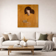Gallery-wrapped canvas print of Dante Gabriel Rossetti's La Donna Della Finestra (The Lady of Pity) displayed on a wall in a living room
