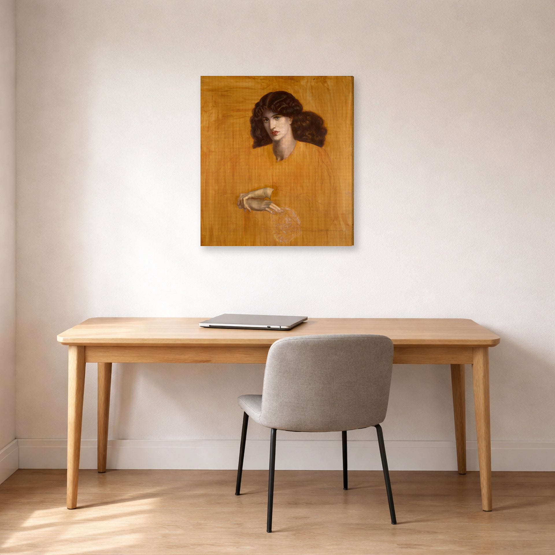 Gallery-wrapped canvas print of Dante Gabriel Rossetti's La Donna Della Finestra (The Lady of Pity) displayed on a wall in a office