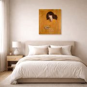 Unframed poster print of Dante Gabriel Rossetti's La Donna Della Finestra (The Lady of Pity) displayed on a wall in a bedroom