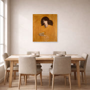 Unframed poster print of Dante Gabriel Rossetti's La Donna Della Finestra (The Lady of Pity) displayed on a wall in a dining room