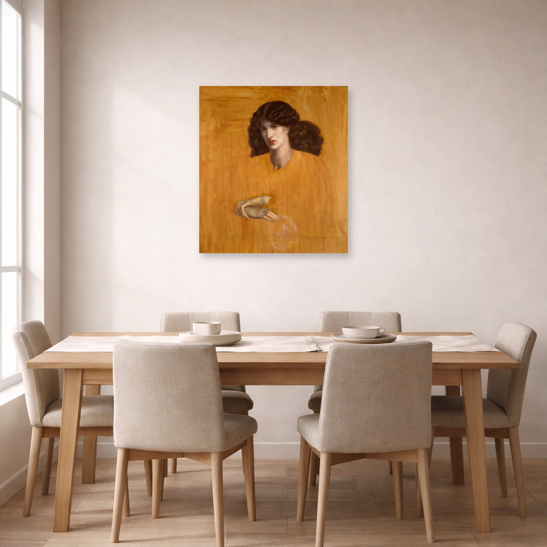 Unframed poster print of Dante Gabriel Rossetti's La Donna Della Finestra (The Lady of Pity) displayed on a wall in a dining room