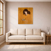 Unframed poster print of Dante Gabriel Rossetti's La Donna Della Finestra (The Lady of Pity) displayed on a wall in a living room