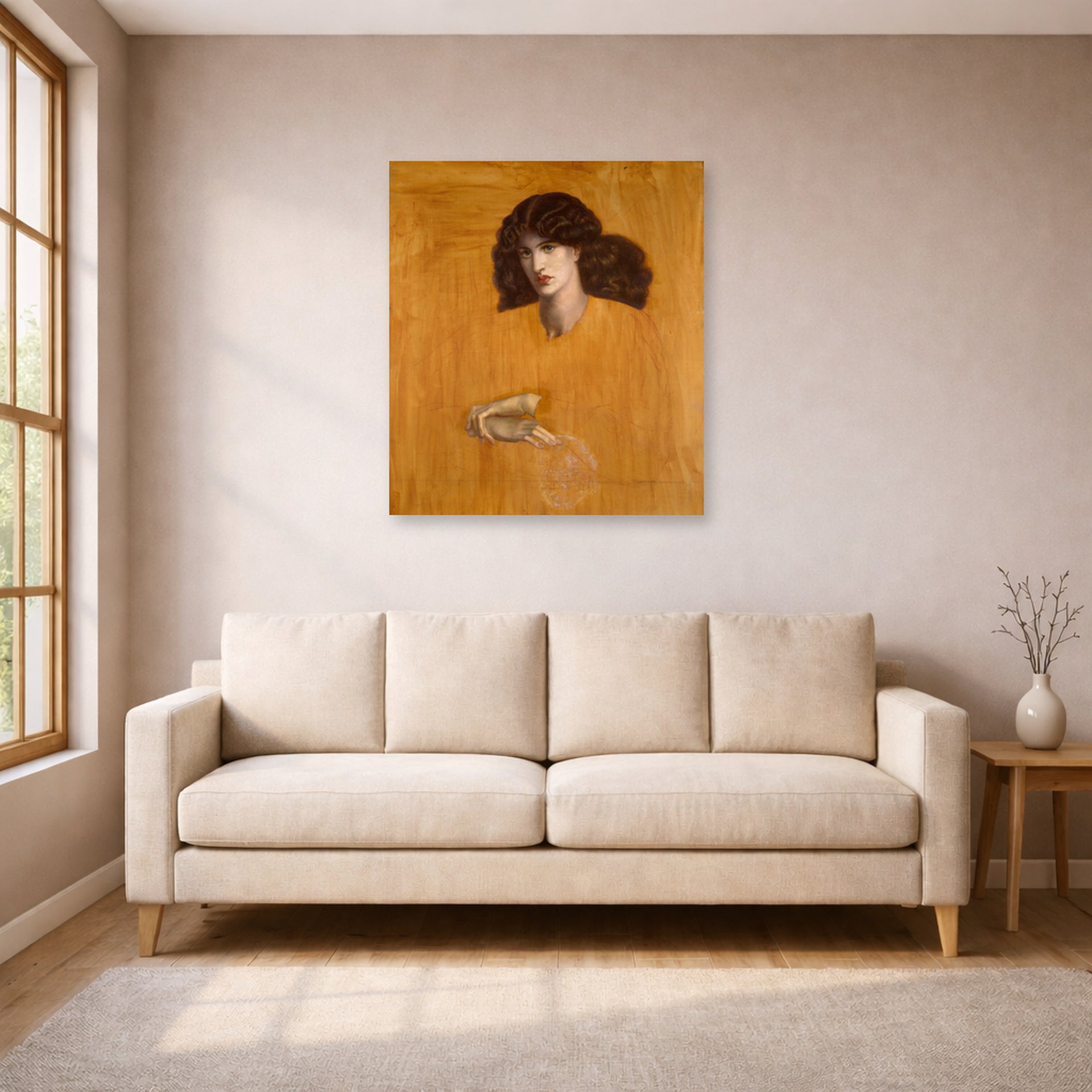 Unframed poster print of Dante Gabriel Rossetti's La Donna Della Finestra (The Lady of Pity) displayed on a wall in a living room