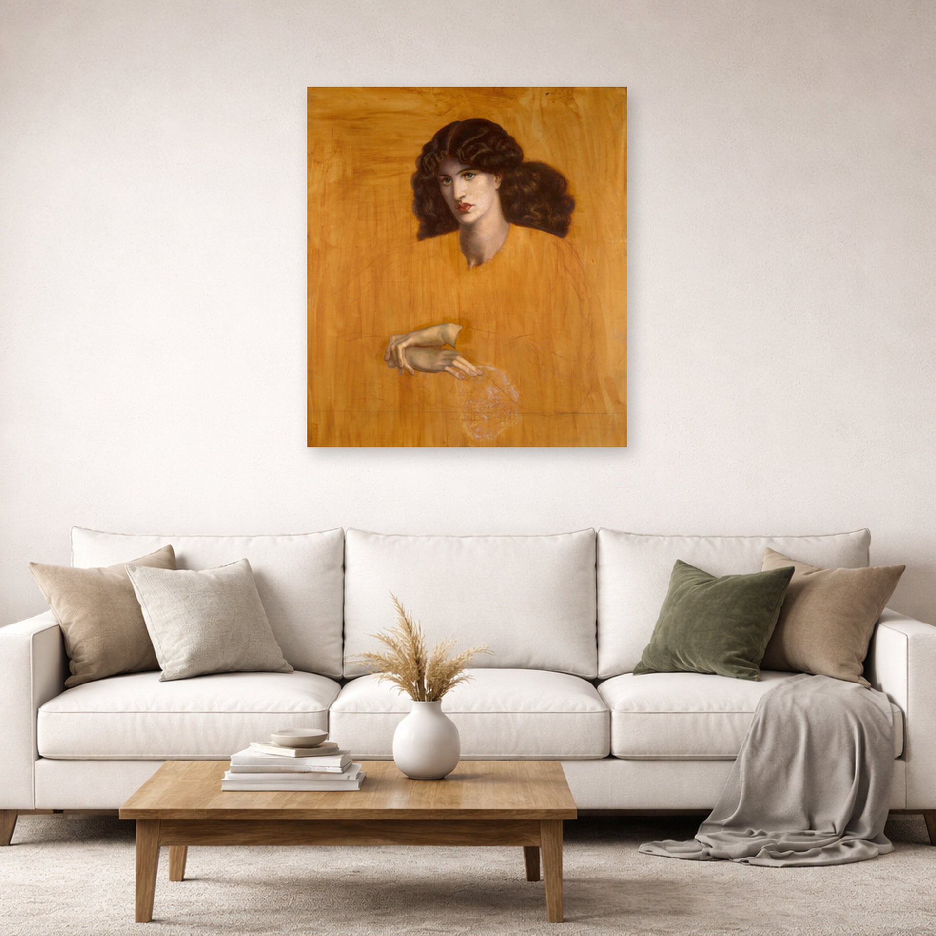 Unframed poster print of Dante Gabriel Rossetti's La Donna Della Finestra (The Lady of Pity) displayed on a wall in a living room