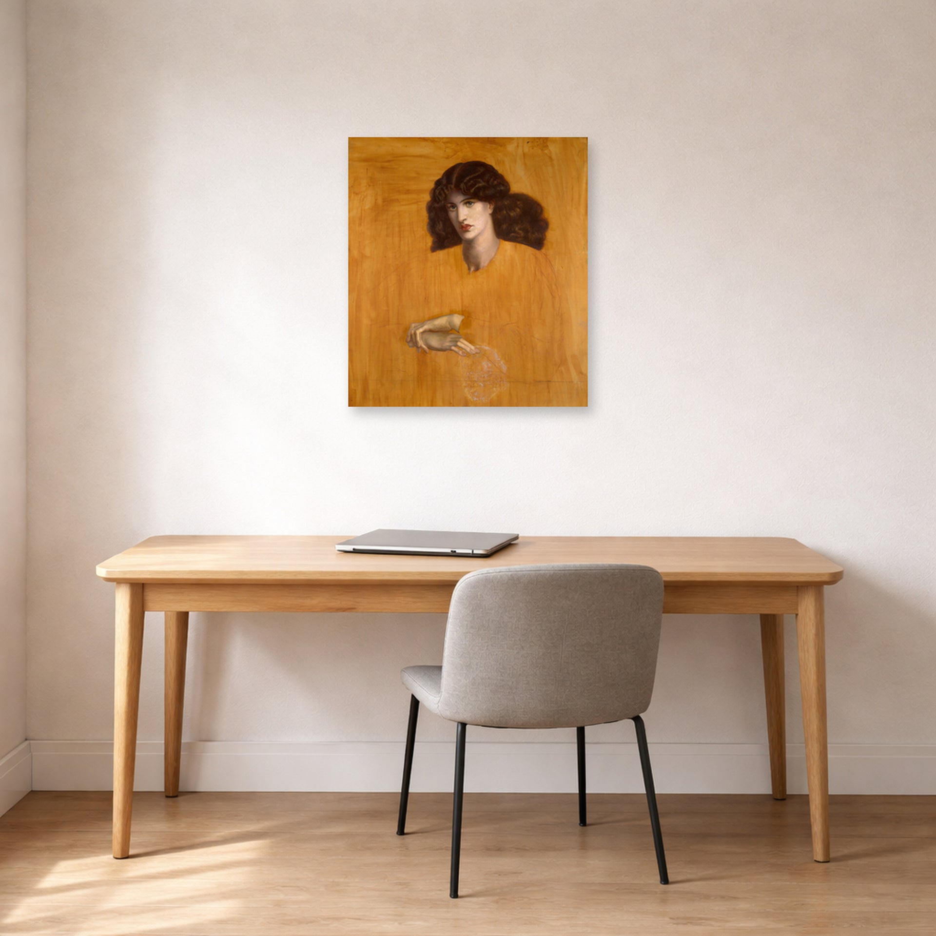 Unframed poster print of Dante Gabriel Rossetti's La Donna Della Finestra (The Lady of Pity) displayed on a wall in a office