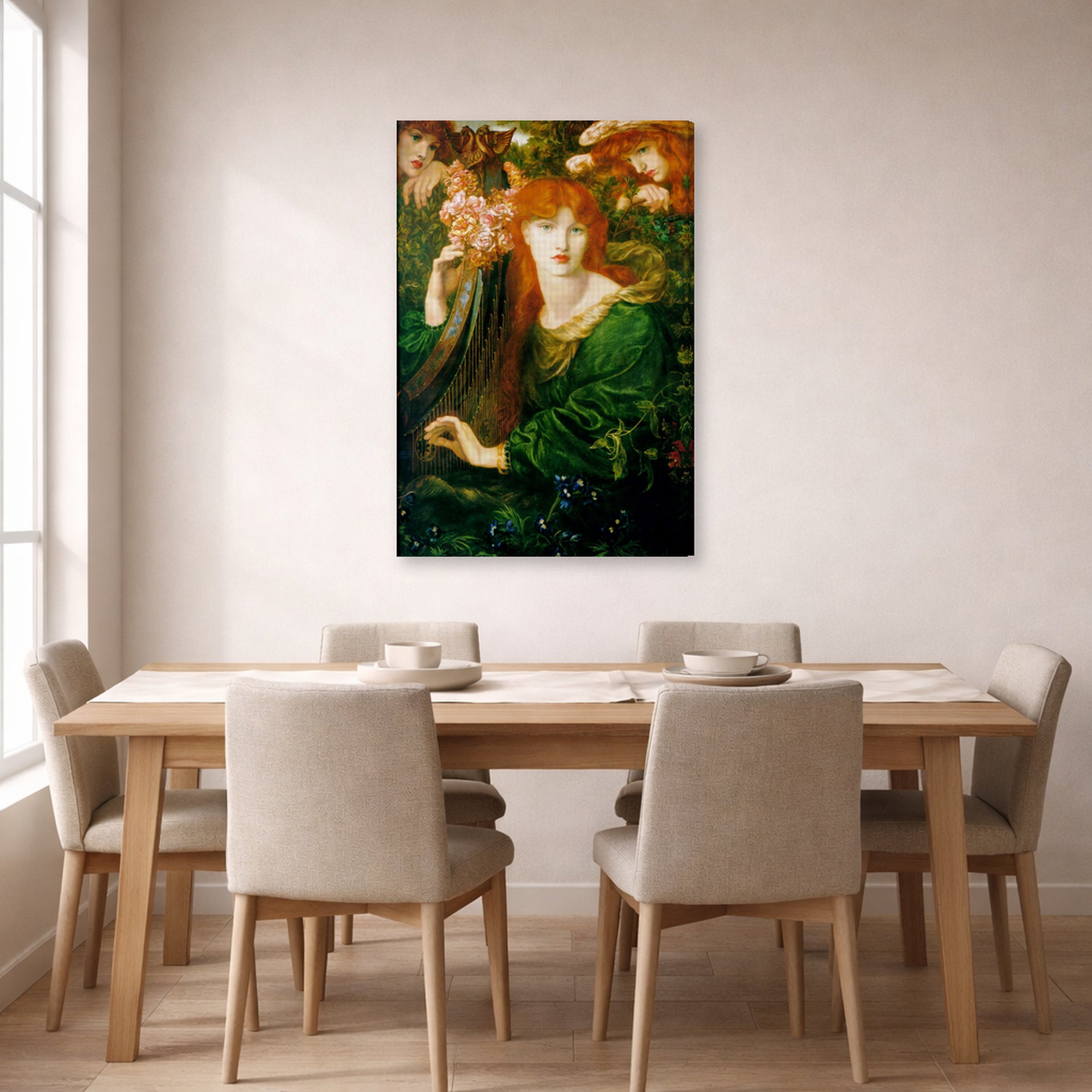 Gallery-wrapped canvas print of Dante Gabriel Rossetti's La Ghirlandata displayed on a wall in a dining room