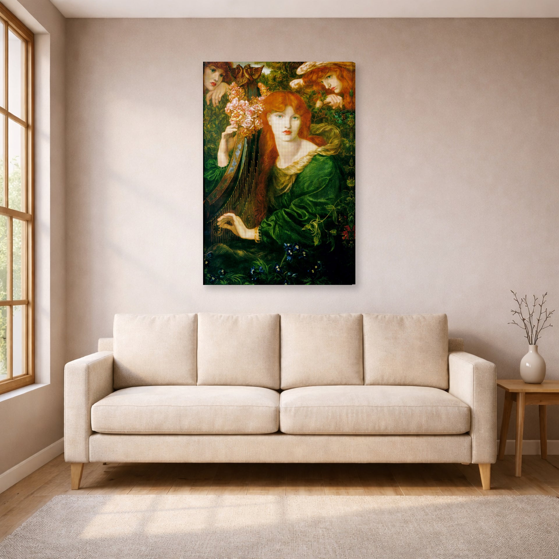 Gallery-wrapped canvas print of Dante Gabriel Rossetti's La Ghirlandata displayed on a wall in a living room