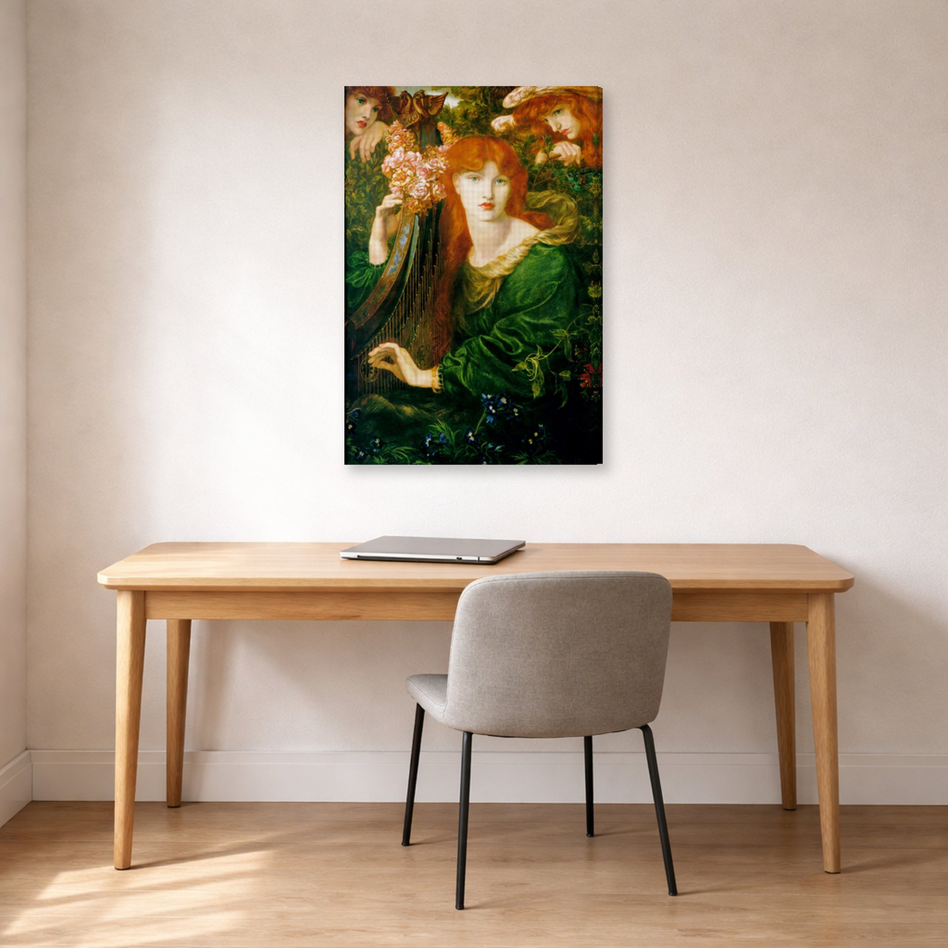 Gallery-wrapped canvas print of Dante Gabriel Rossetti's La Ghirlandata displayed on a wall in a office