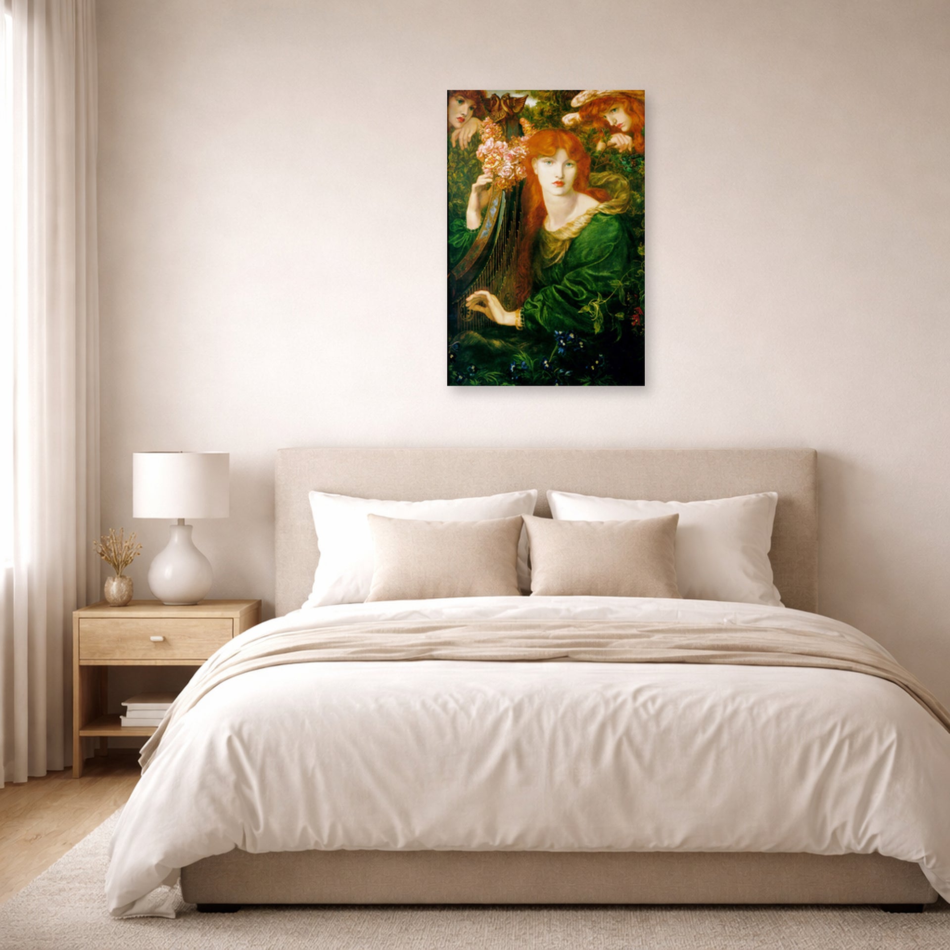 Unframed poster print of Dante Gabriel Rossetti's La Ghirlandata displayed on a wall in a bedroom