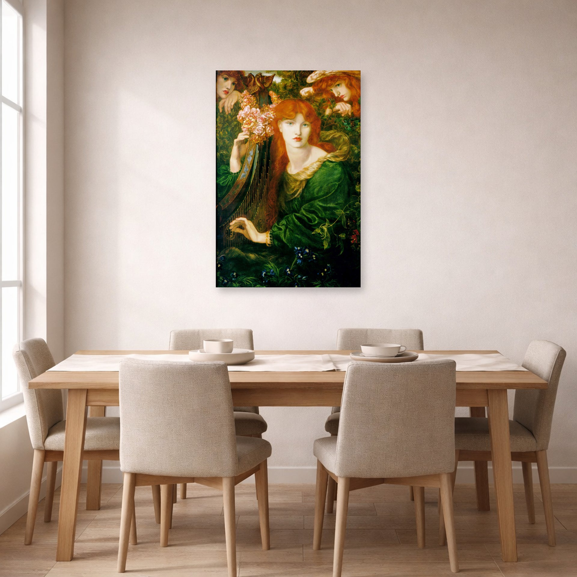 Unframed poster print of Dante Gabriel Rossetti's La Ghirlandata displayed on a wall in a dining room