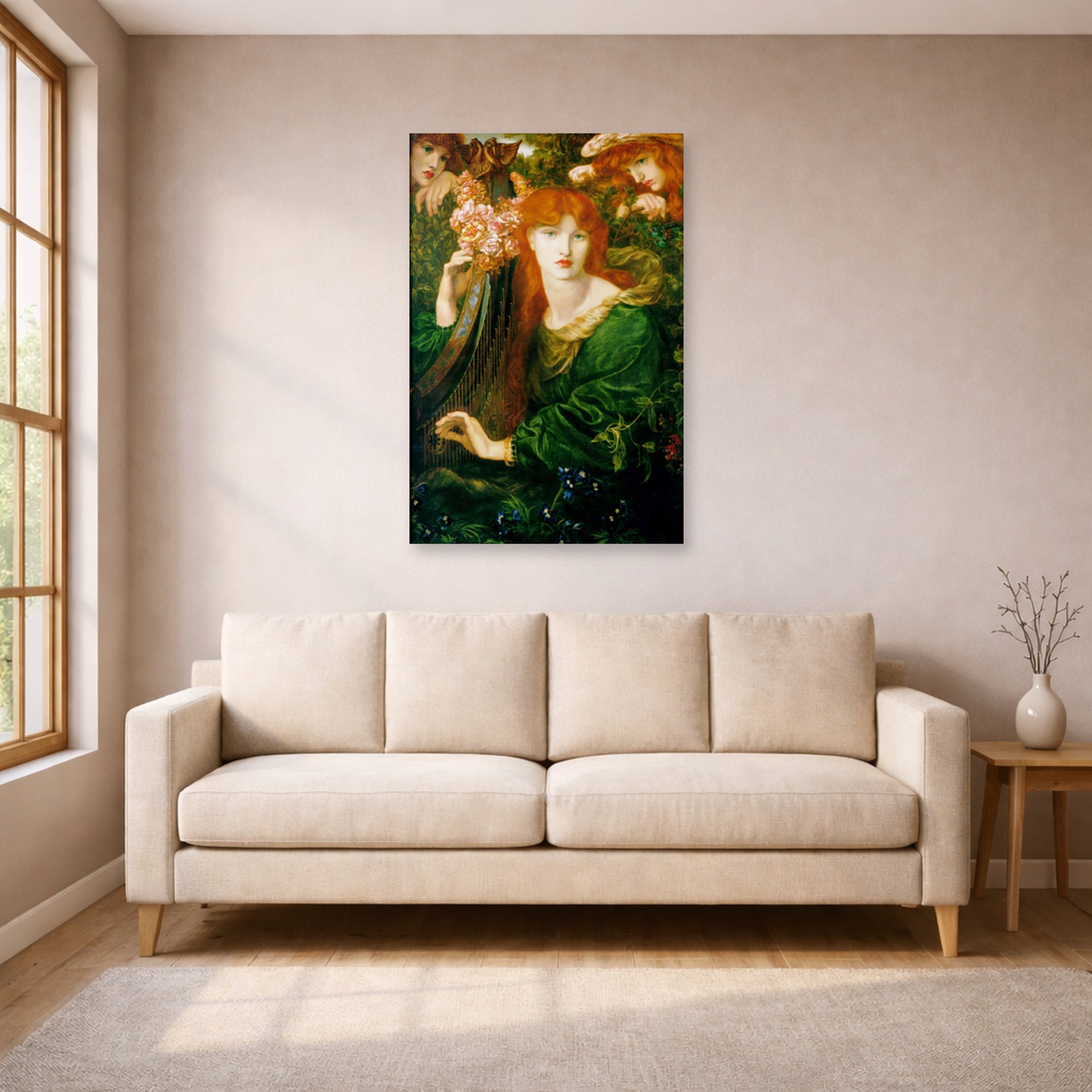 Unframed poster print of Dante Gabriel Rossetti's La Ghirlandata displayed on a wall in a living room