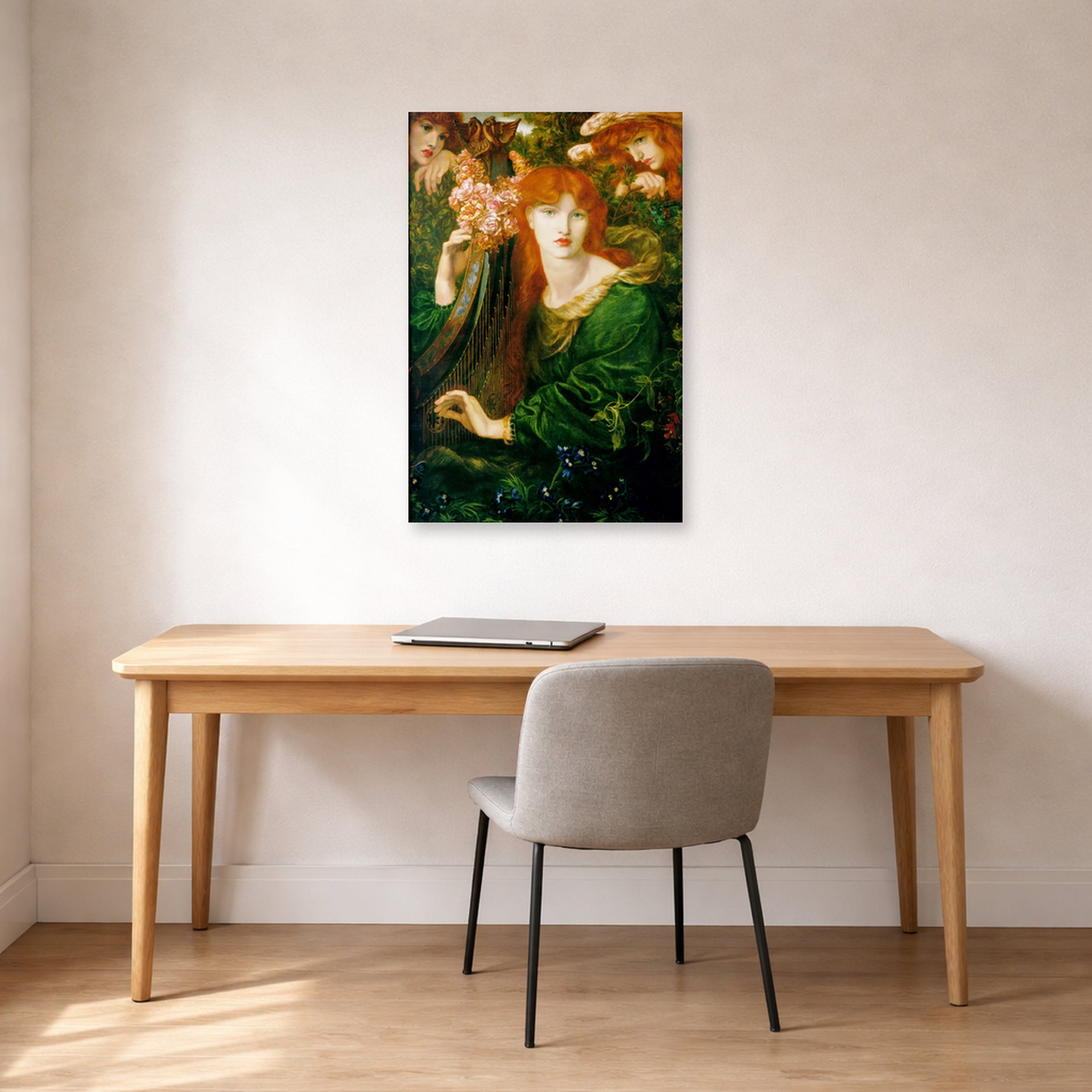 Unframed poster print of Dante Gabriel Rossetti's La Ghirlandata displayed on a wall in a office