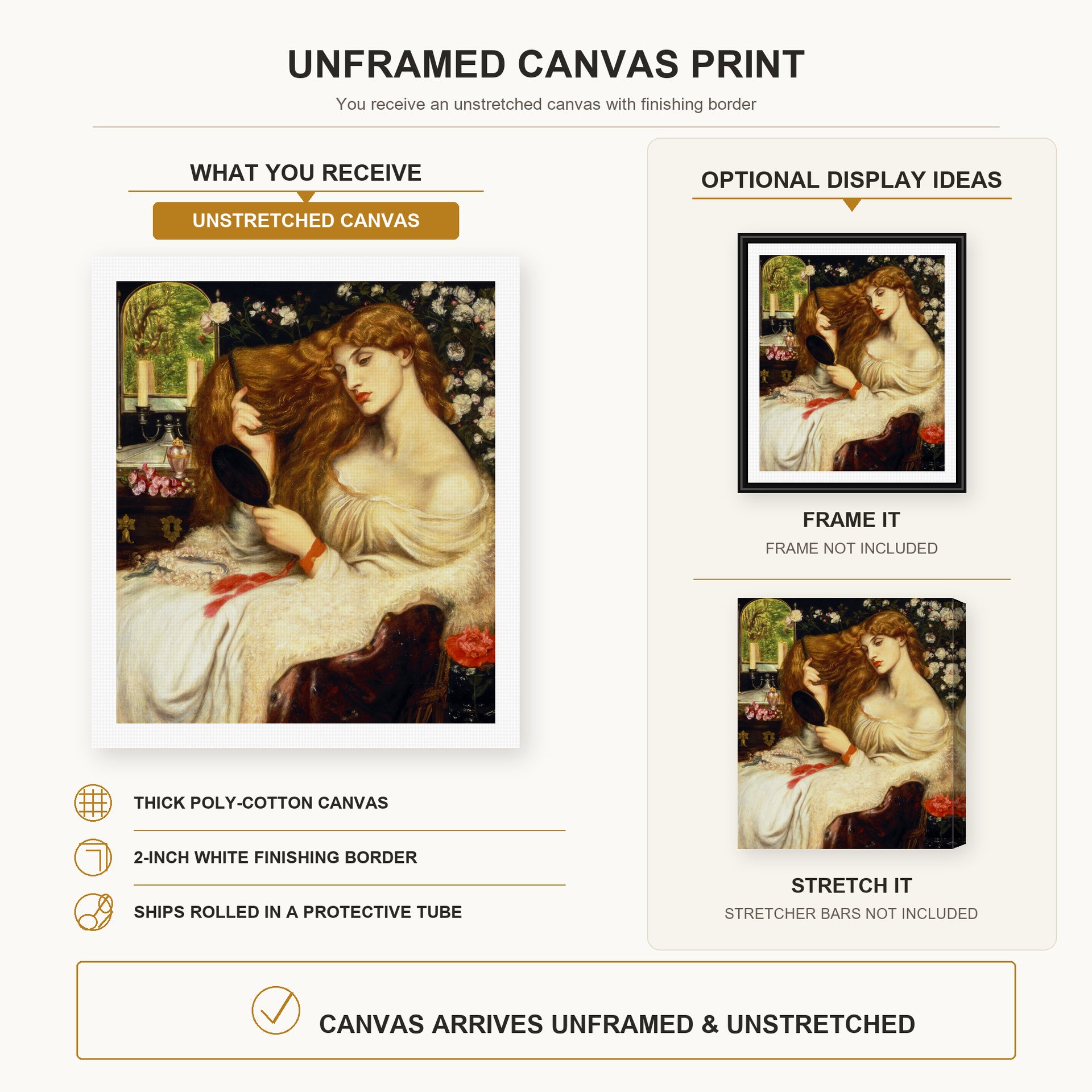Dante Gabriel Rossetti - Lady Lilith canvas print size comparison and framing display infographic