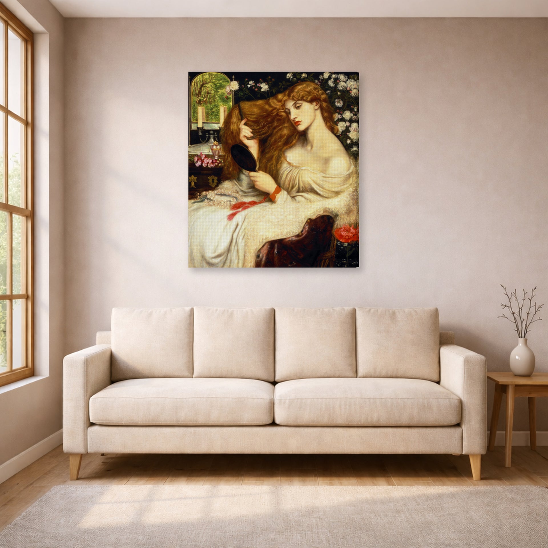 Gallery-wrapped canvas print of Dante Gabriel Rossetti's Lady Lilith displayed on a wall in a living room