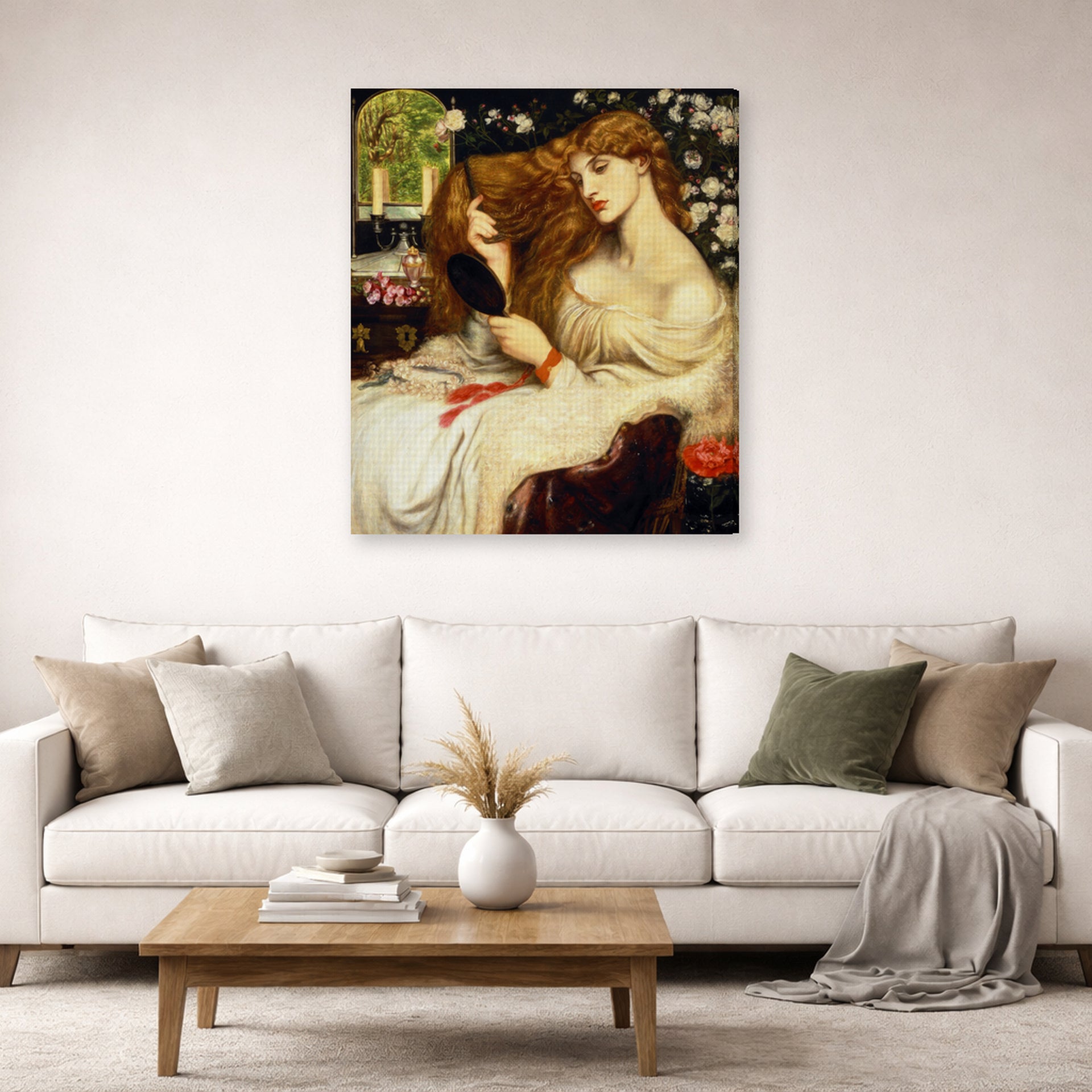 Gallery-wrapped canvas print of Dante Gabriel Rossetti's Lady Lilith displayed on a wall in a living room