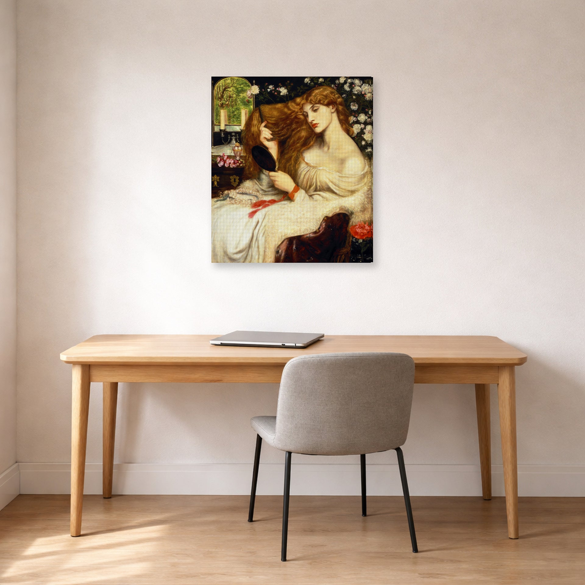 Gallery-wrapped canvas print of Dante Gabriel Rossetti's Lady Lilith displayed on a wall in a office