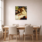 Unframed poster print of Dante Gabriel Rossetti's Lady Lilith displayed on a wall in a dining room