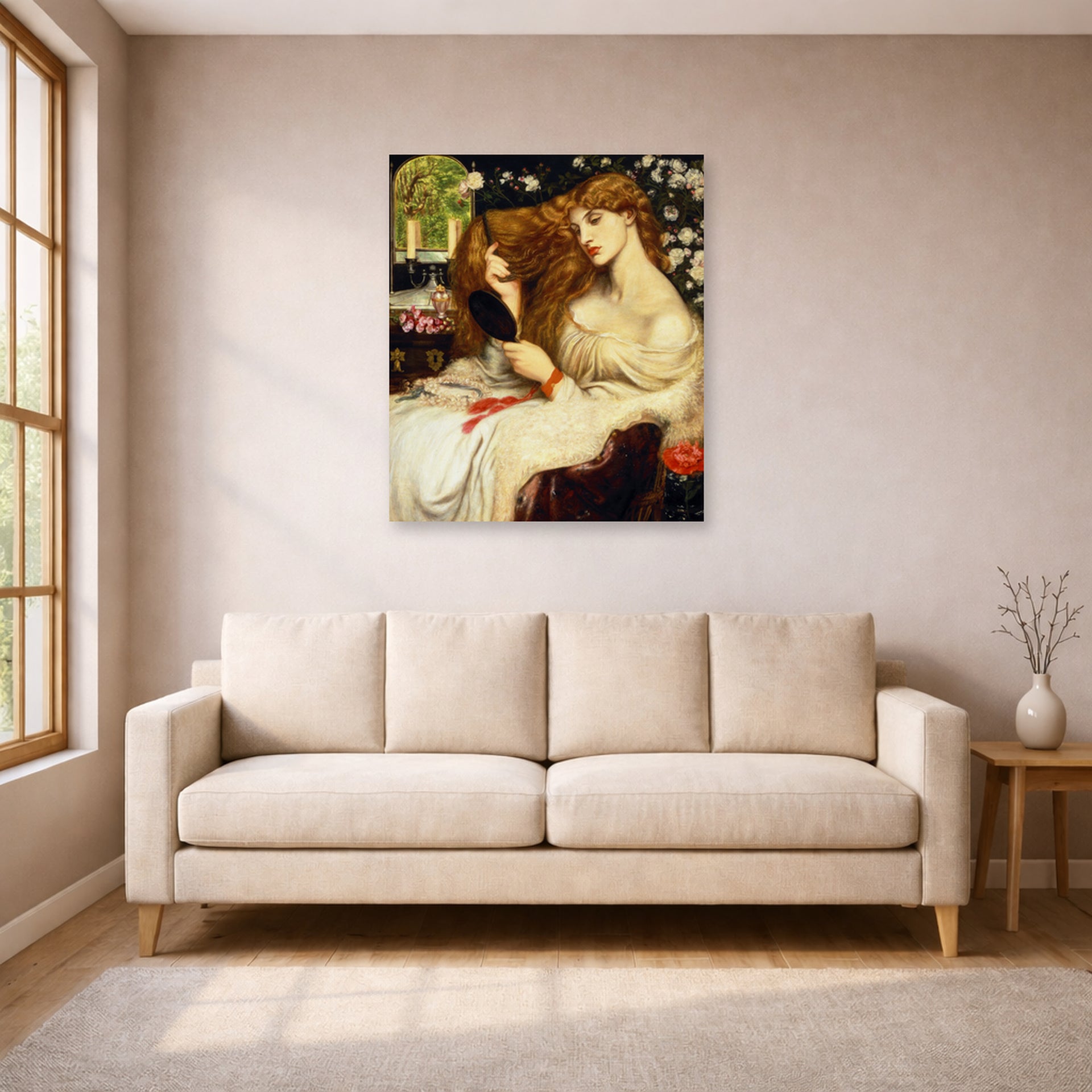 Unframed poster print of Dante Gabriel Rossetti's Lady Lilith displayed on a wall in a living room