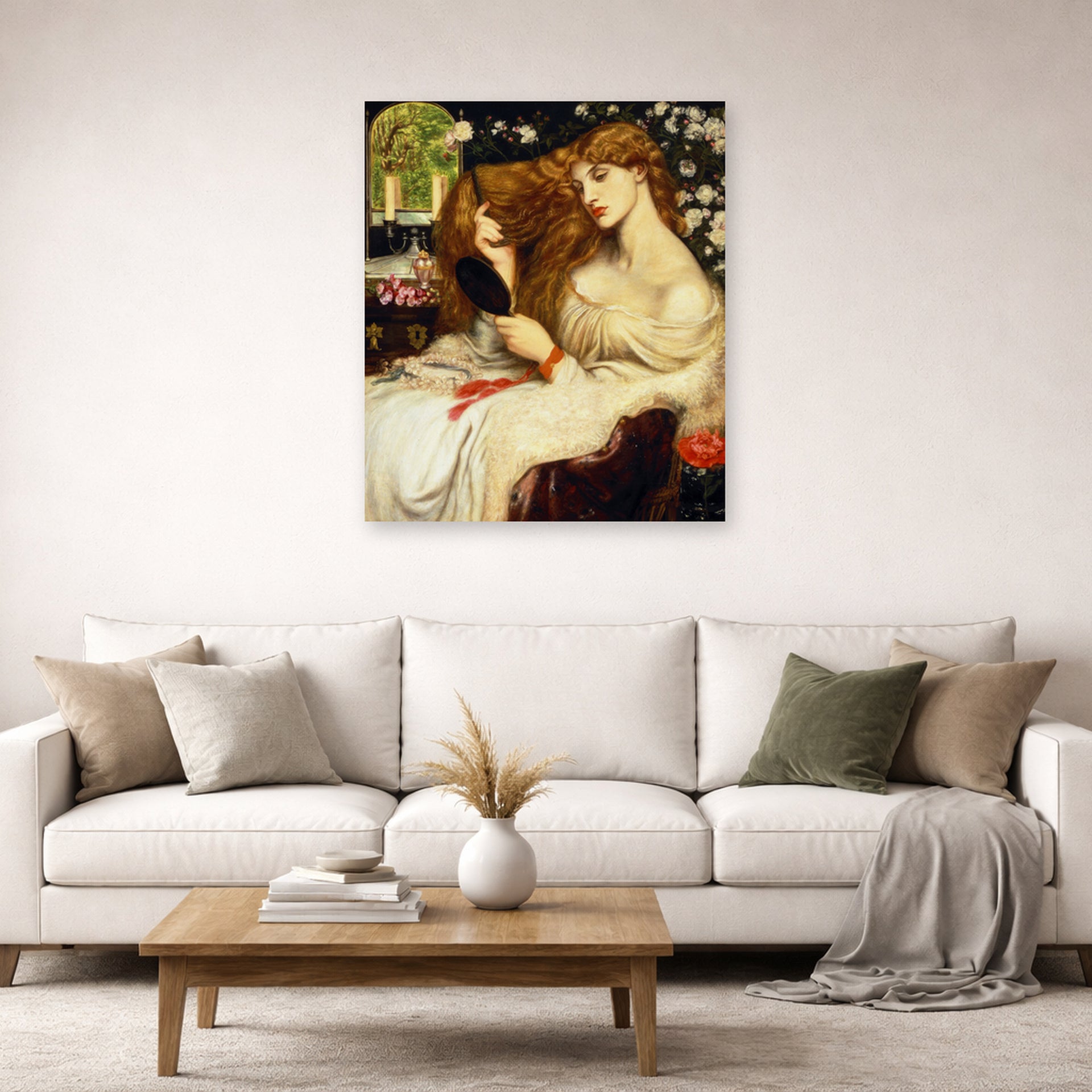 Unframed poster print of Dante Gabriel Rossetti's Lady Lilith displayed on a wall in a living room