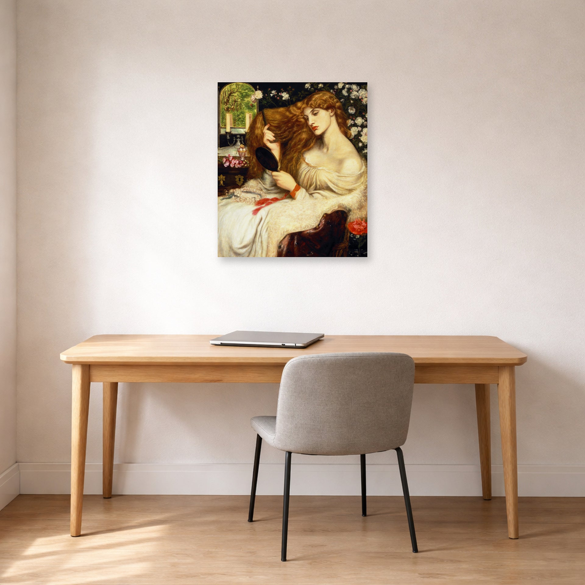 Unframed poster print of Dante Gabriel Rossetti's Lady Lilith displayed on a wall in a office