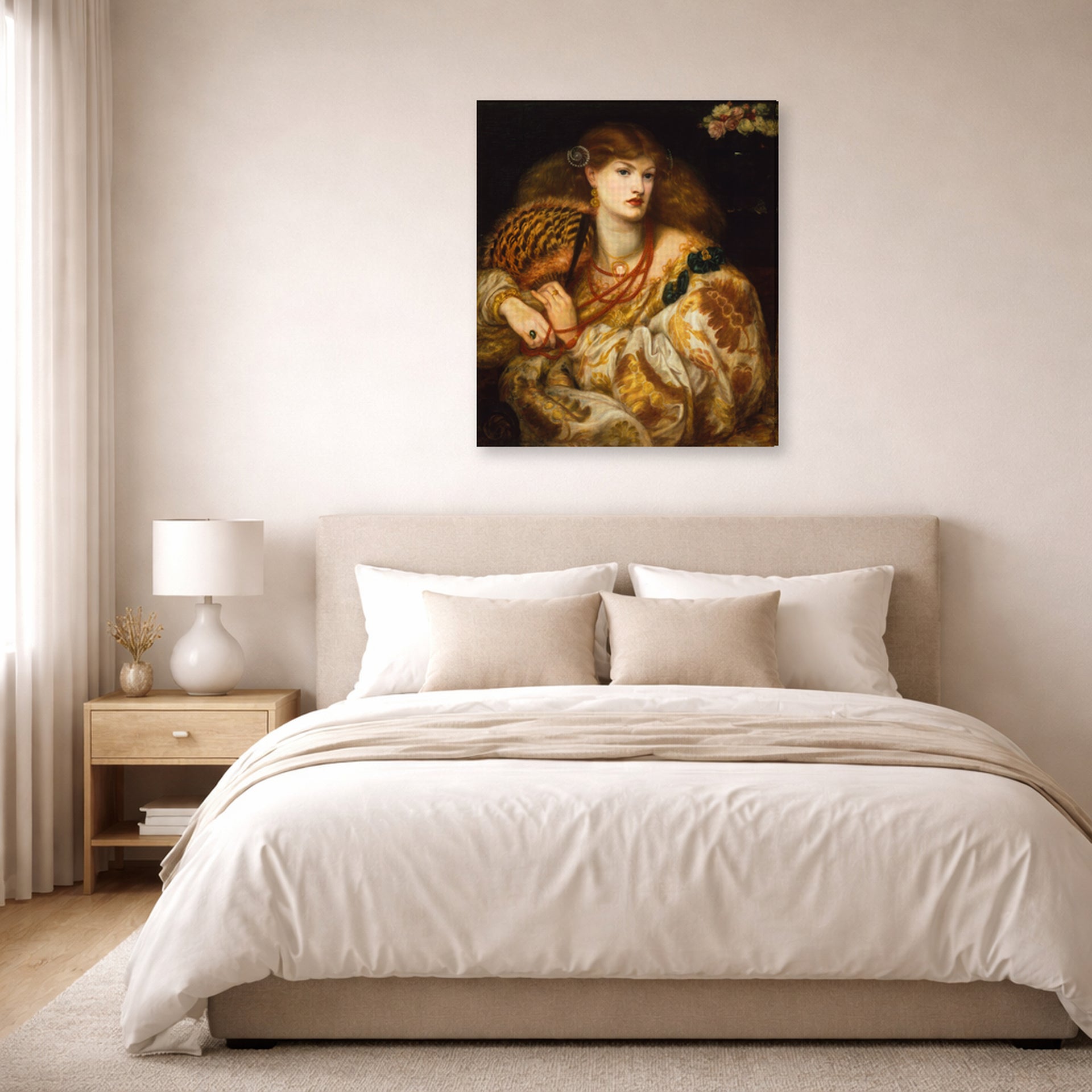 Gallery-wrapped canvas print of Dante Gabriel Rossetti's Monna Vanna displayed on a wall in a bedroom