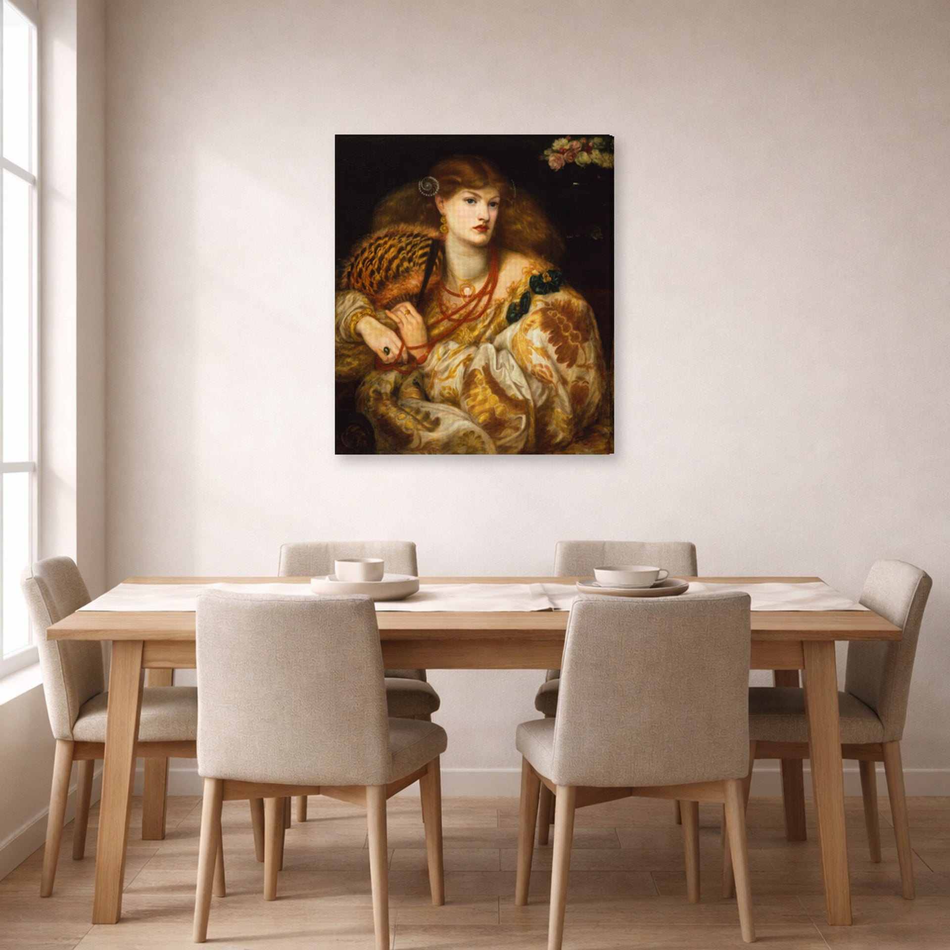 Gallery-wrapped canvas print of Dante Gabriel Rossetti's Monna Vanna displayed on a wall in a dining room