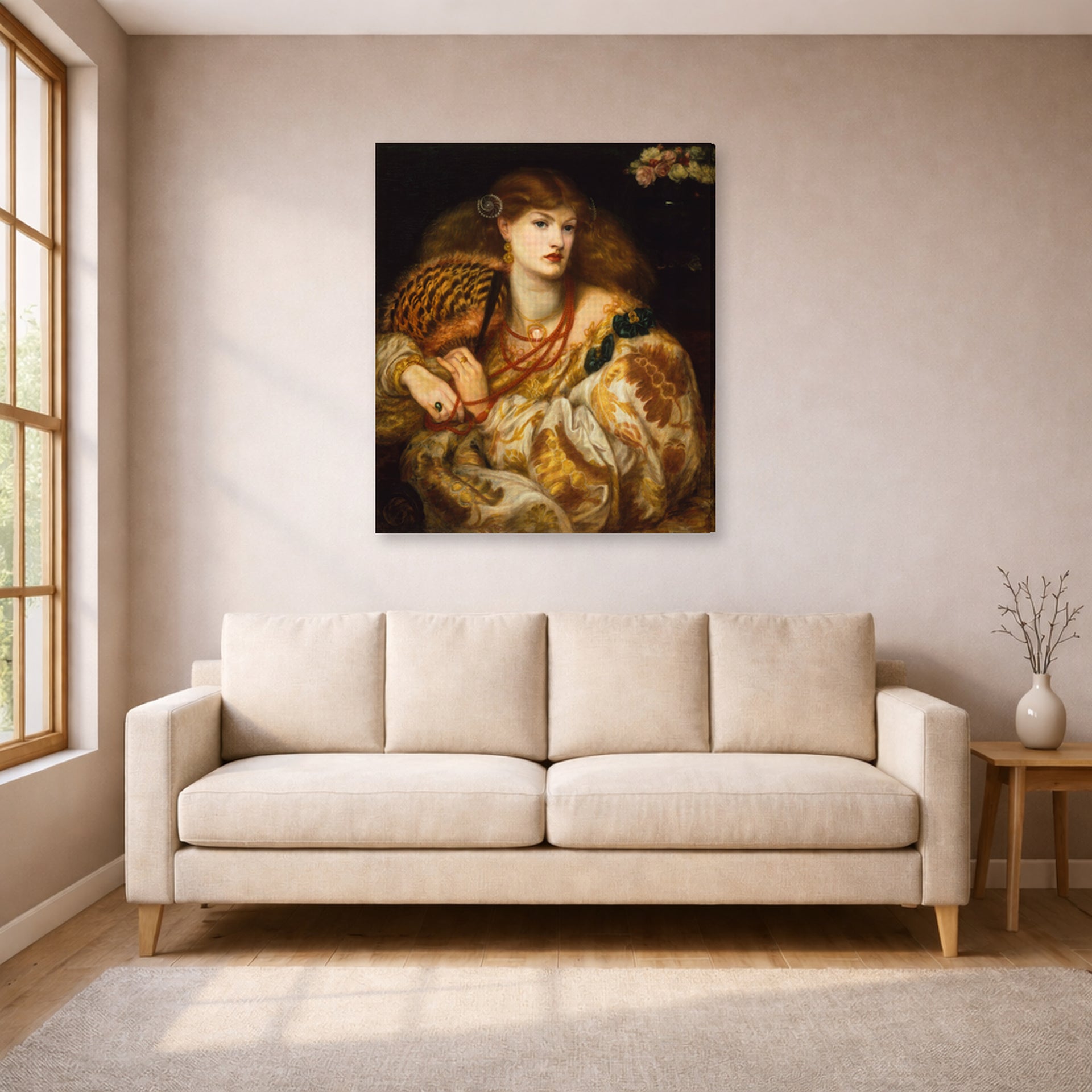 Gallery-wrapped canvas print of Dante Gabriel Rossetti's Monna Vanna displayed on a wall in a living room