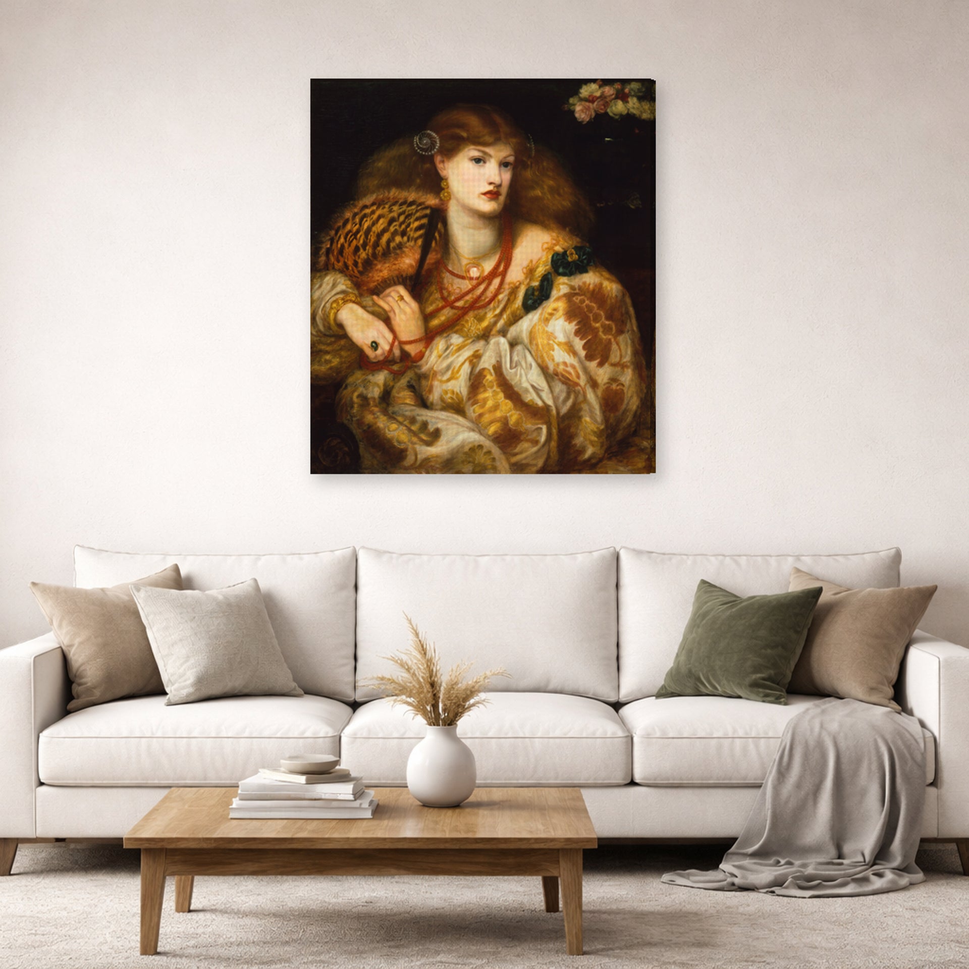 Gallery-wrapped canvas print of Dante Gabriel Rossetti's Monna Vanna displayed on a wall in a living room