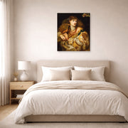 Unframed poster print of Dante Gabriel Rossetti's Monna Vanna displayed on a wall in a bedroom