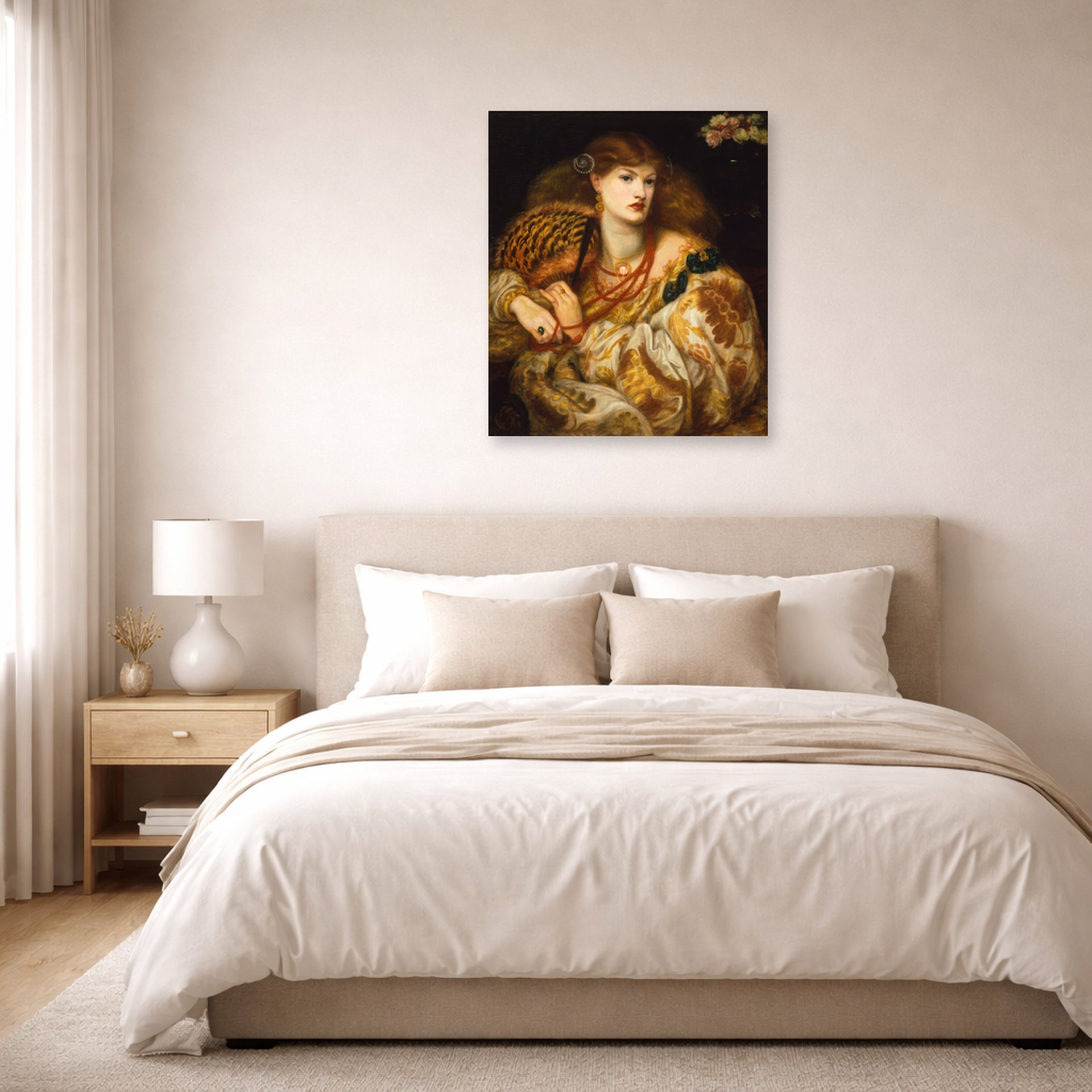 Unframed poster print of Dante Gabriel Rossetti's Monna Vanna displayed on a wall in a bedroom