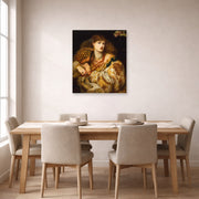 Unframed poster print of Dante Gabriel Rossetti's Monna Vanna displayed on a wall in a dining room