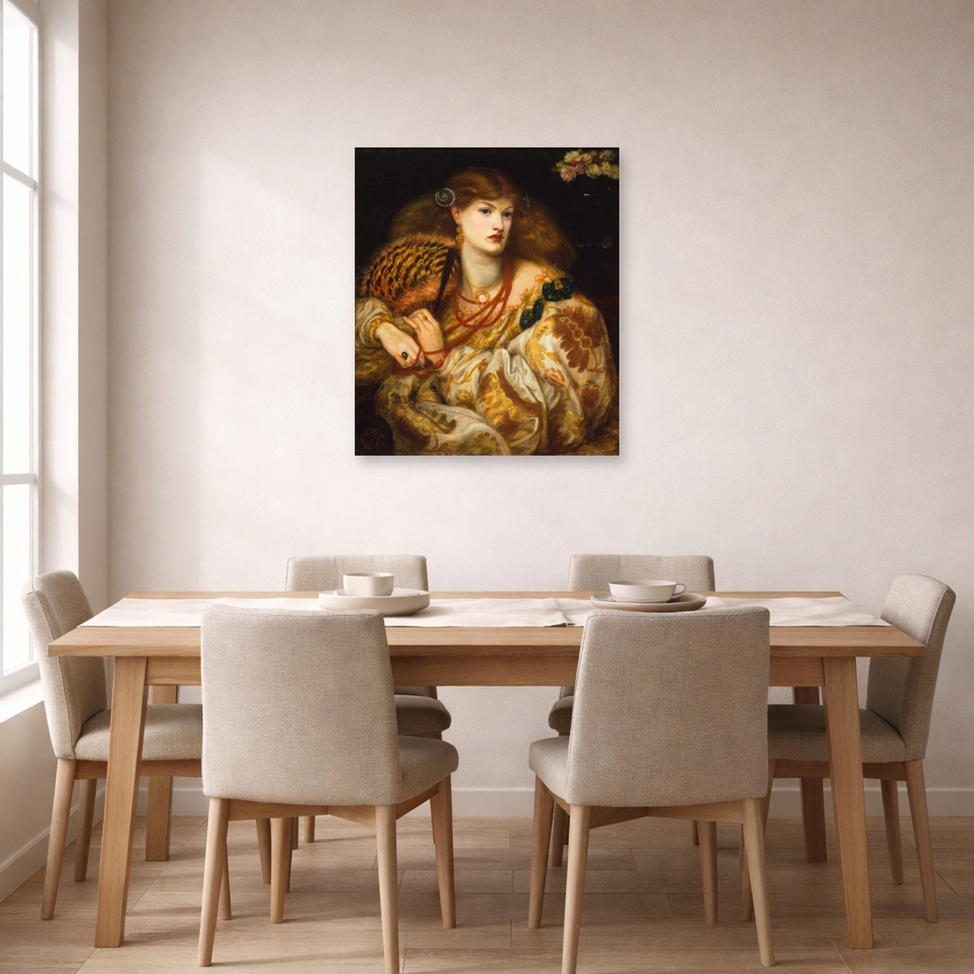Unframed poster print of Dante Gabriel Rossetti's Monna Vanna displayed on a wall in a dining room