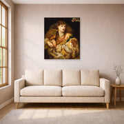 Unframed poster print of Dante Gabriel Rossetti's Monna Vanna displayed on a wall in a living room