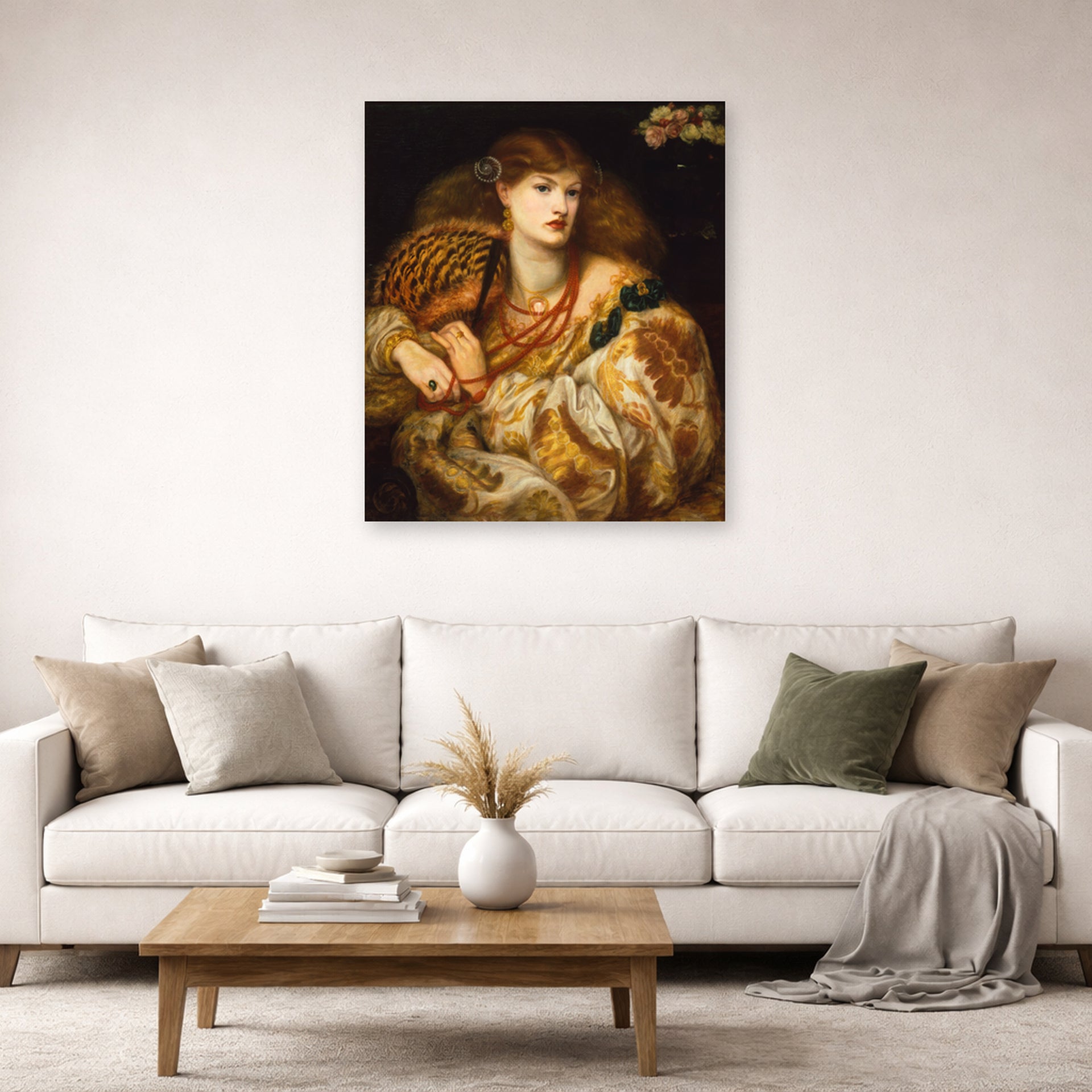 Unframed poster print of Dante Gabriel Rossetti's Monna Vanna displayed on a wall in a living room