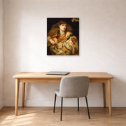 Unframed poster print of Dante Gabriel Rossetti's Monna Vanna displayed on a wall in a office