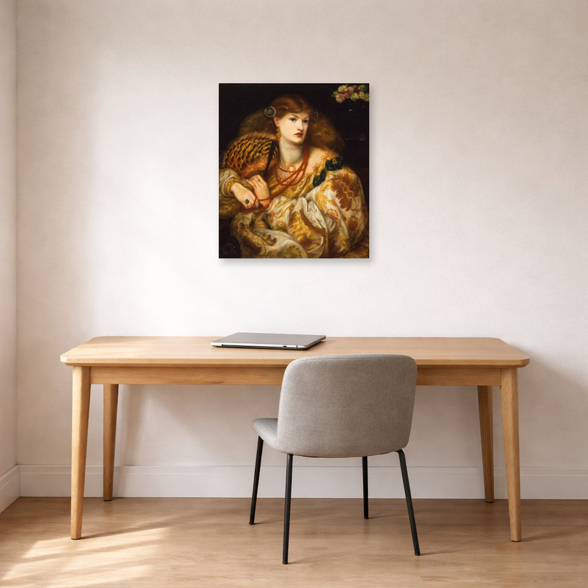 Unframed poster print of Dante Gabriel Rossetti's Monna Vanna displayed on a wall in a office