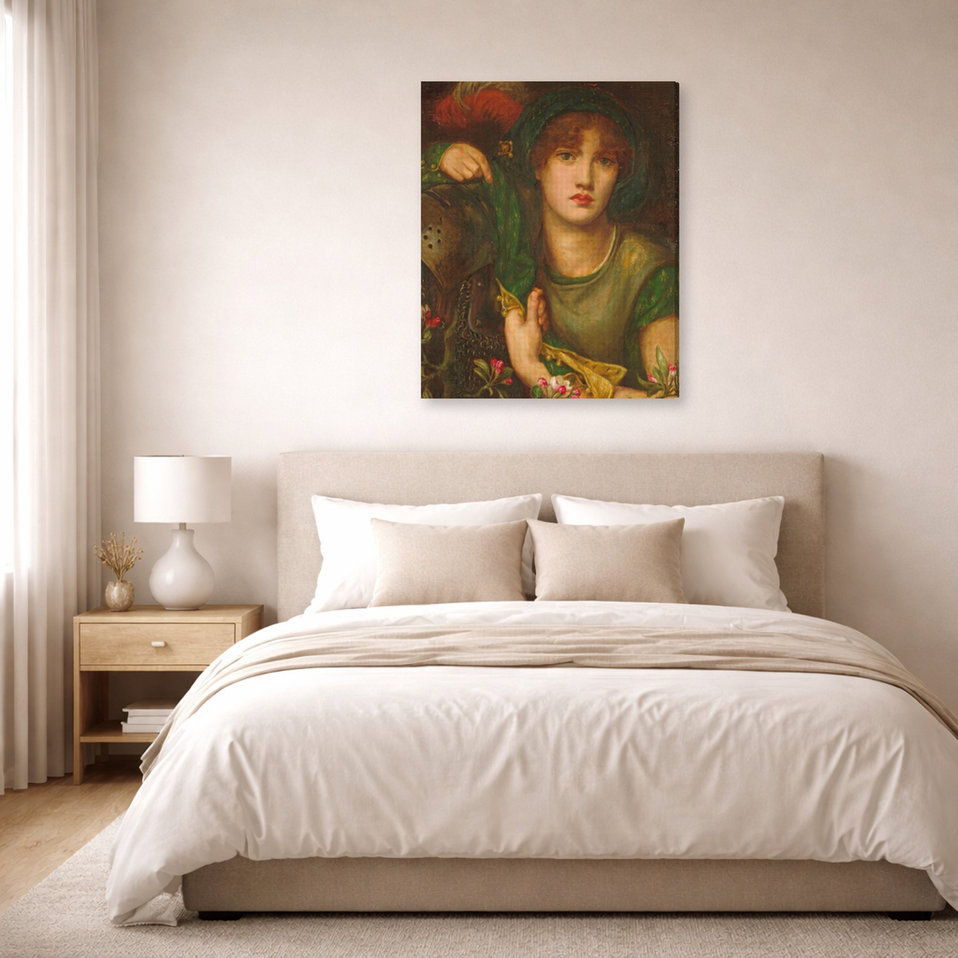 Gallery-wrapped canvas print of Dante Gabriel Rossetti's My Lady Greensleeves displayed on a wall in a bedroom
