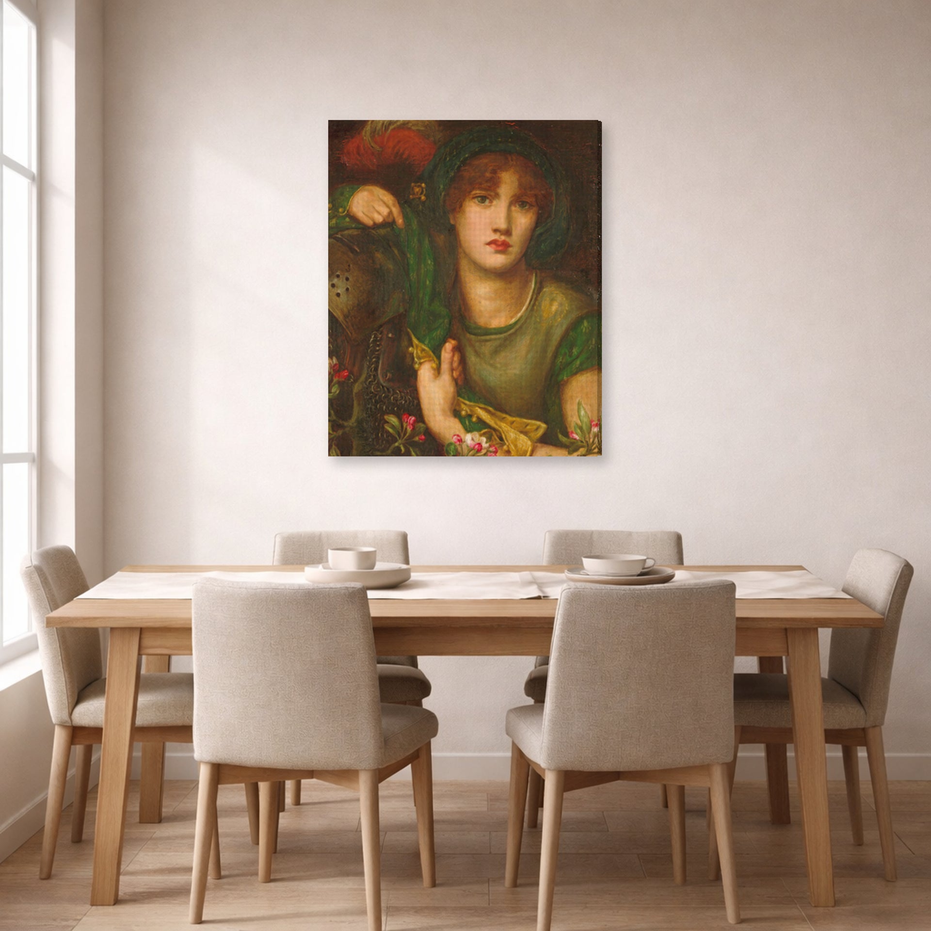 Gallery-wrapped canvas print of Dante Gabriel Rossetti's My Lady Greensleeves displayed on a wall in a dining room