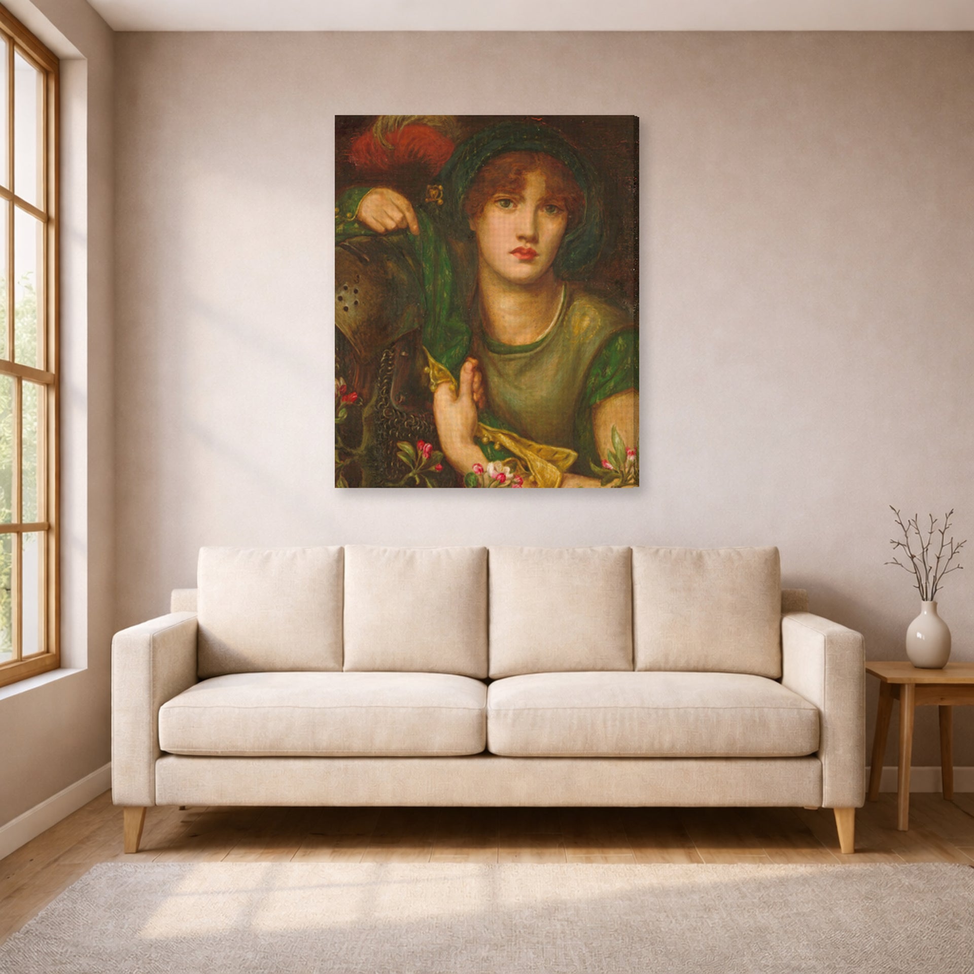 Gallery-wrapped canvas print of Dante Gabriel Rossetti's My Lady Greensleeves displayed on a wall in a living room