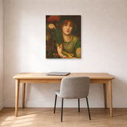 Gallery-wrapped canvas print of Dante Gabriel Rossetti's My Lady Greensleeves displayed on a wall in a office