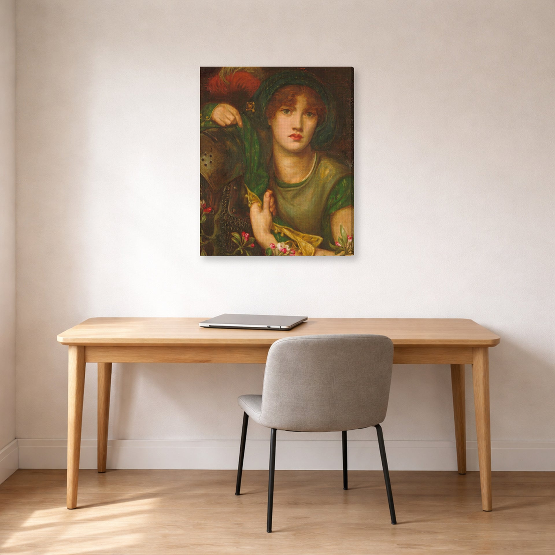 Gallery-wrapped canvas print of Dante Gabriel Rossetti's My Lady Greensleeves displayed on a wall in a office