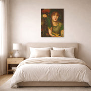 Unframed poster print of Dante Gabriel Rossetti's My Lady Greensleeves displayed on a wall in a bedroom