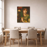 Unframed poster print of Dante Gabriel Rossetti's My Lady Greensleeves displayed on a wall in a dining room