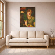 Unframed poster print of Dante Gabriel Rossetti's My Lady Greensleeves displayed on a wall in a living room