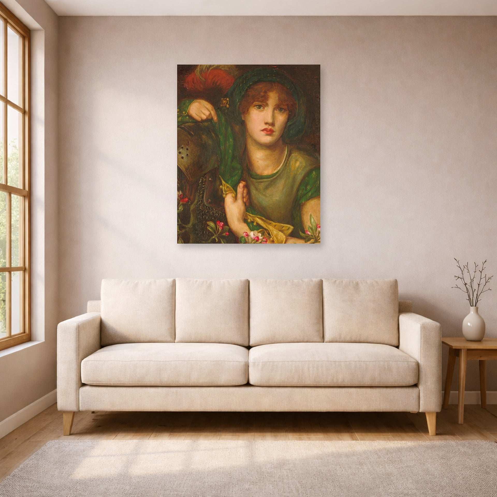 Unframed poster print of Dante Gabriel Rossetti's My Lady Greensleeves displayed on a wall in a living room