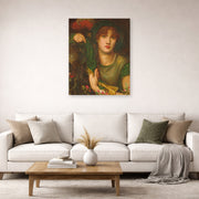 Unframed poster print of Dante Gabriel Rossetti's My Lady Greensleeves displayed on a wall in a living room